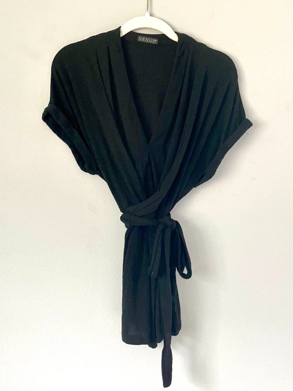 Black Wrap-Front Short-Sleeve Top by Venus